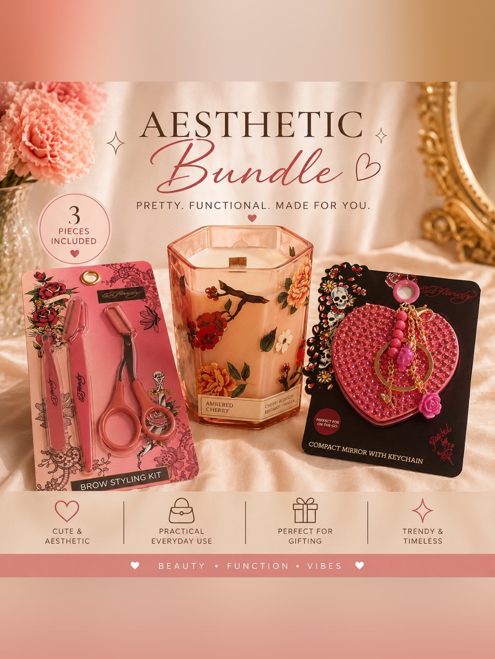 ✨ Ed Hardy Pink Aesthetic Bundle  – Mirror, Candle & Brow Kit ✨